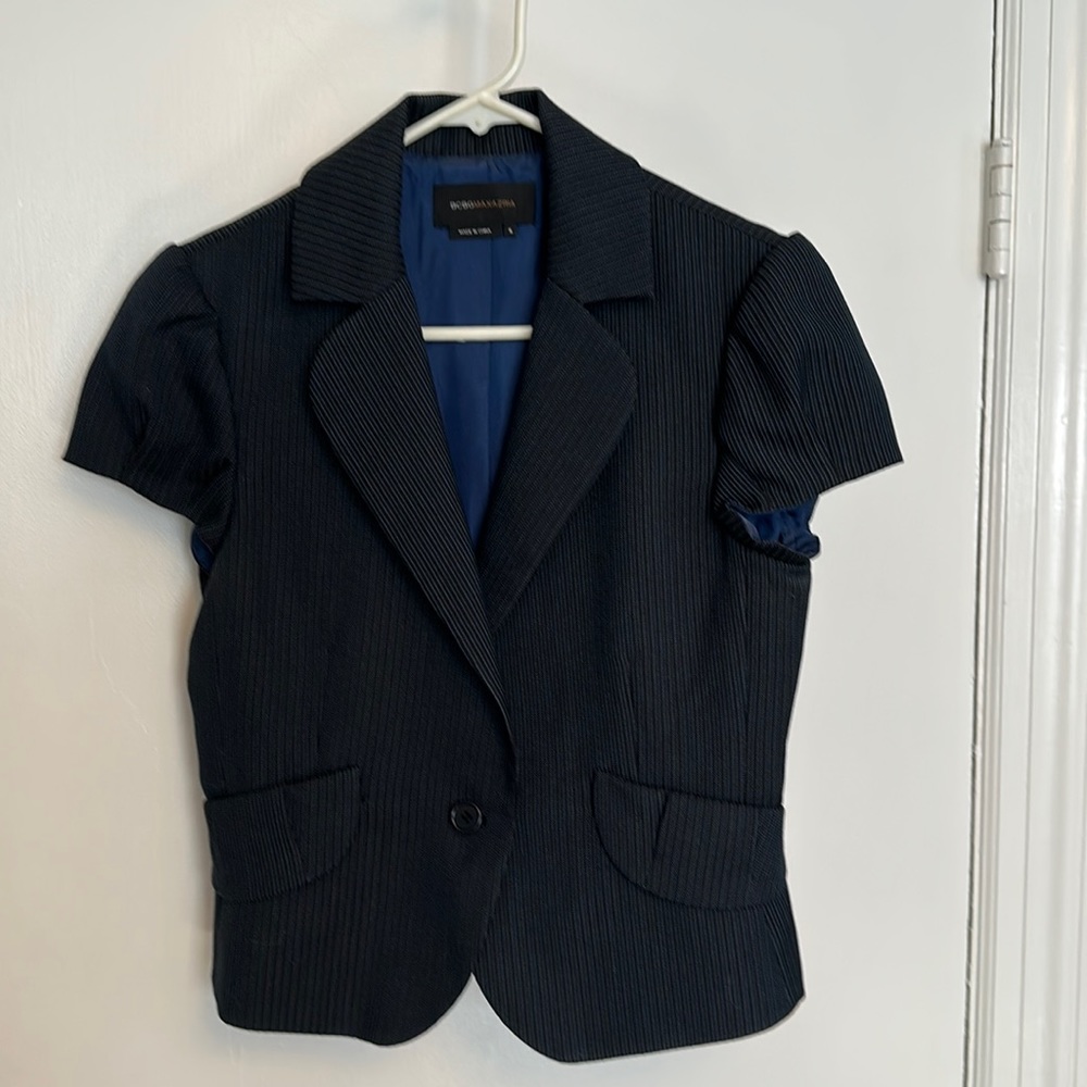 BCBG Max Azria short sleeve jacket in black and navy subtle pin stripe